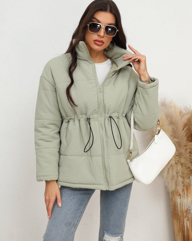 Drawstring Waist Zip-Up Puffer Jacket Light Green