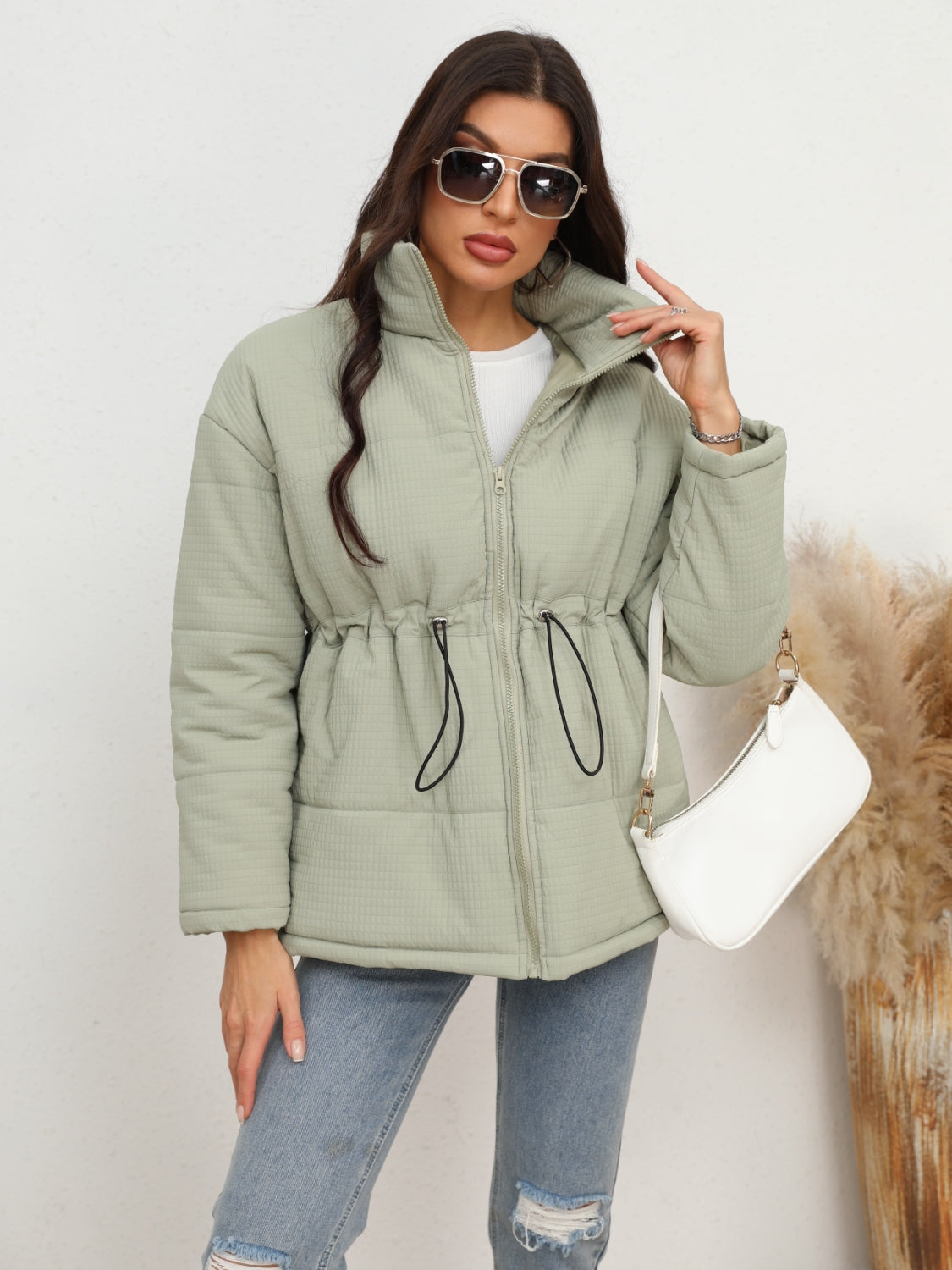 Drawstring Waist Zip-Up Puffer Jacket Light Green