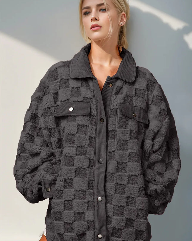 Double Take Button Up Fuzzy Checkered Shacket Black