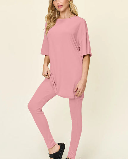 Double Take Full Size Round Neck Dropped Shoulder T-Shirt and Leggings Set