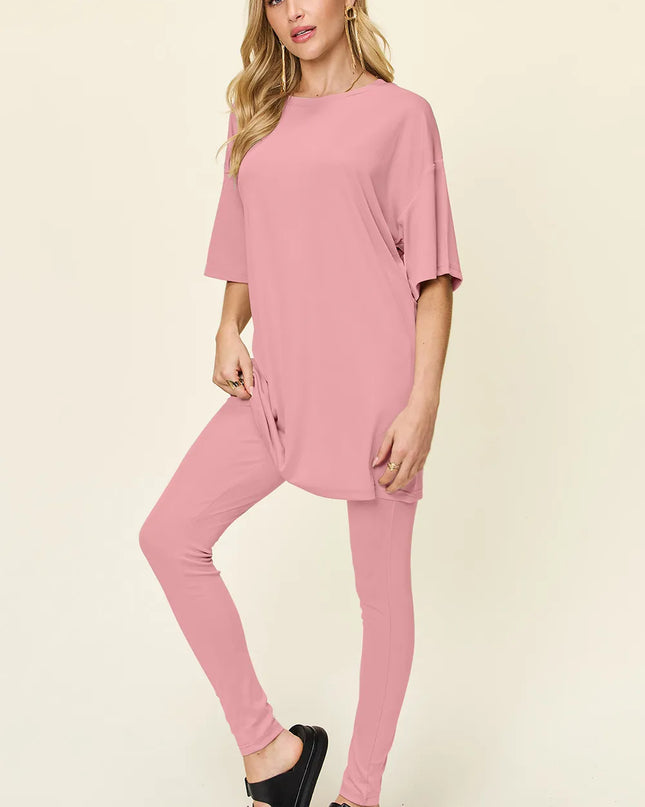 Double Take Full Size Round Neck Dropped Shoulder T-Shirt and Leggings Set