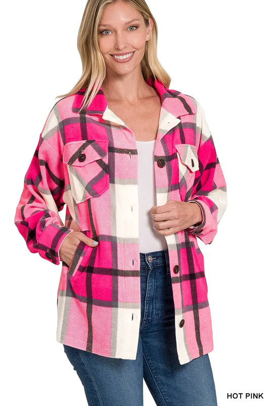 Zenana Oversized Plaid Fleece Shacket