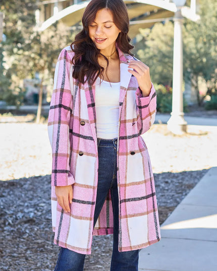 Double Take Full Size Plaid Button Up Lapel Collar Coat Carnation Pink