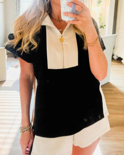 Color Block Half Zip Top and Shorts Two-Piece Set 