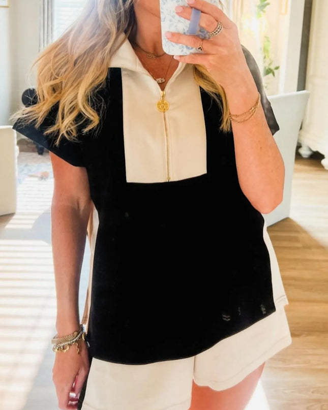 Color Block Half Zip Top and Shorts Two-Piece Set 