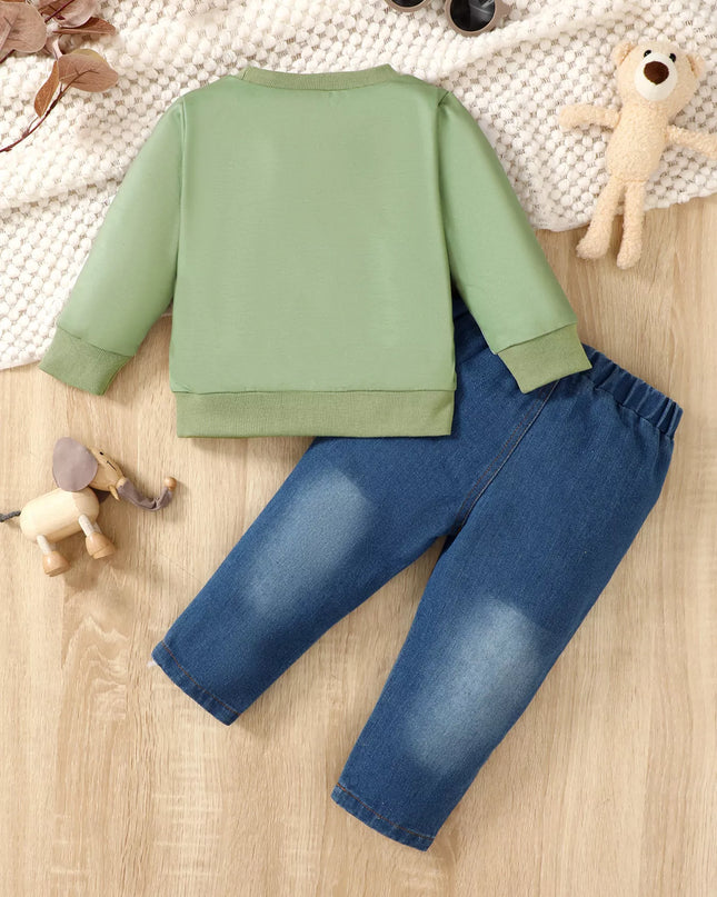 Children's Cartoon Animal Print Sweatshirt & Jeans Set