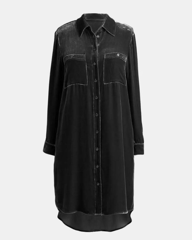 High-Low Button Up Long Sleeve Knee Length Dress