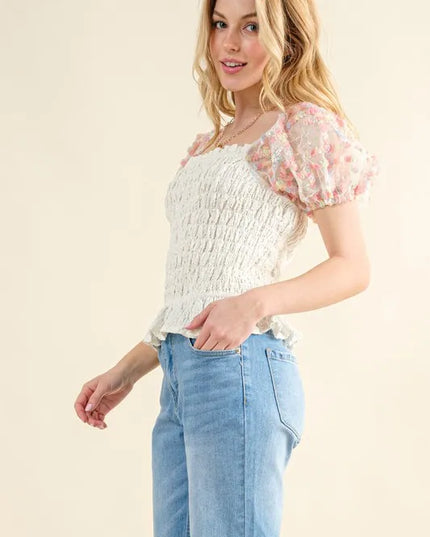And The Why Embellishment Sleeve Smocked Top 
