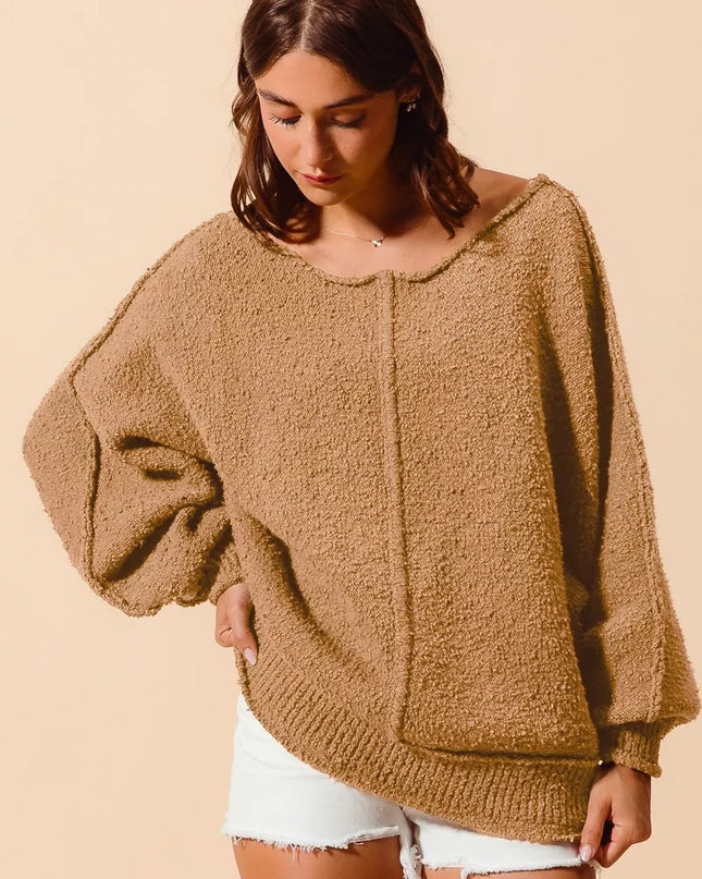 SO ME Loose Fit Exposed Seam Slouchy Boucle Sweater