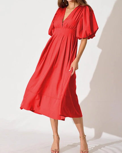 V-Neck Puff Sleeve Midi Dress