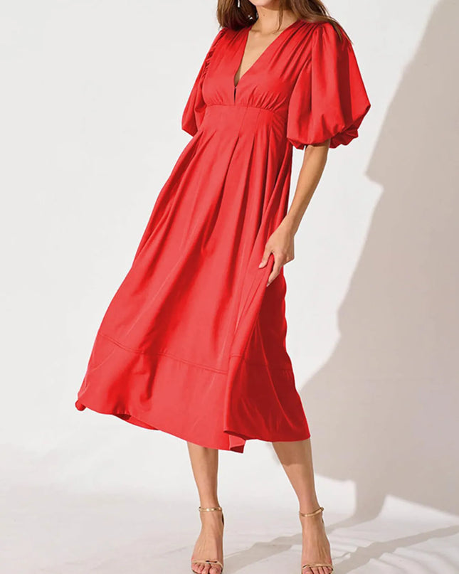 V-Neck Puff Sleeve Midi Dress