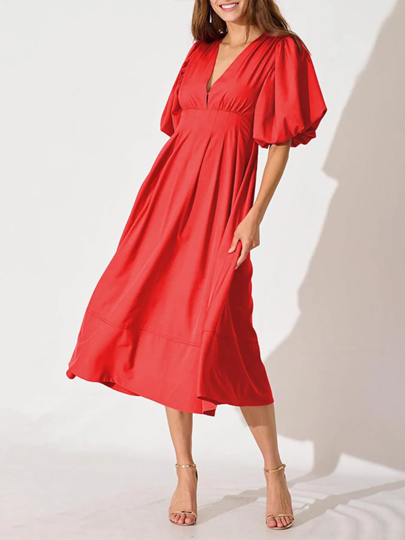 V-Neck Puff Sleeve Midi Dress
