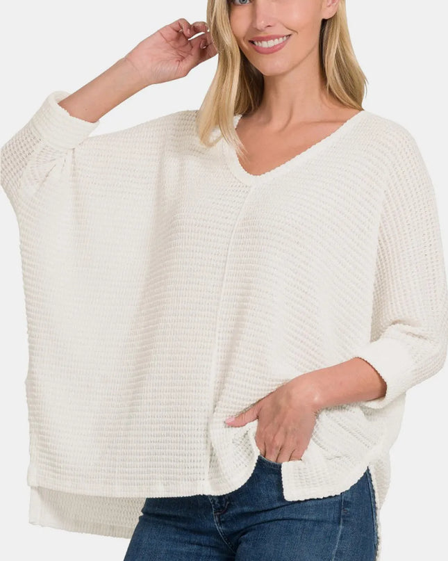 Zenana Full Size Round Neck High-Low Slit Knit Top Off White