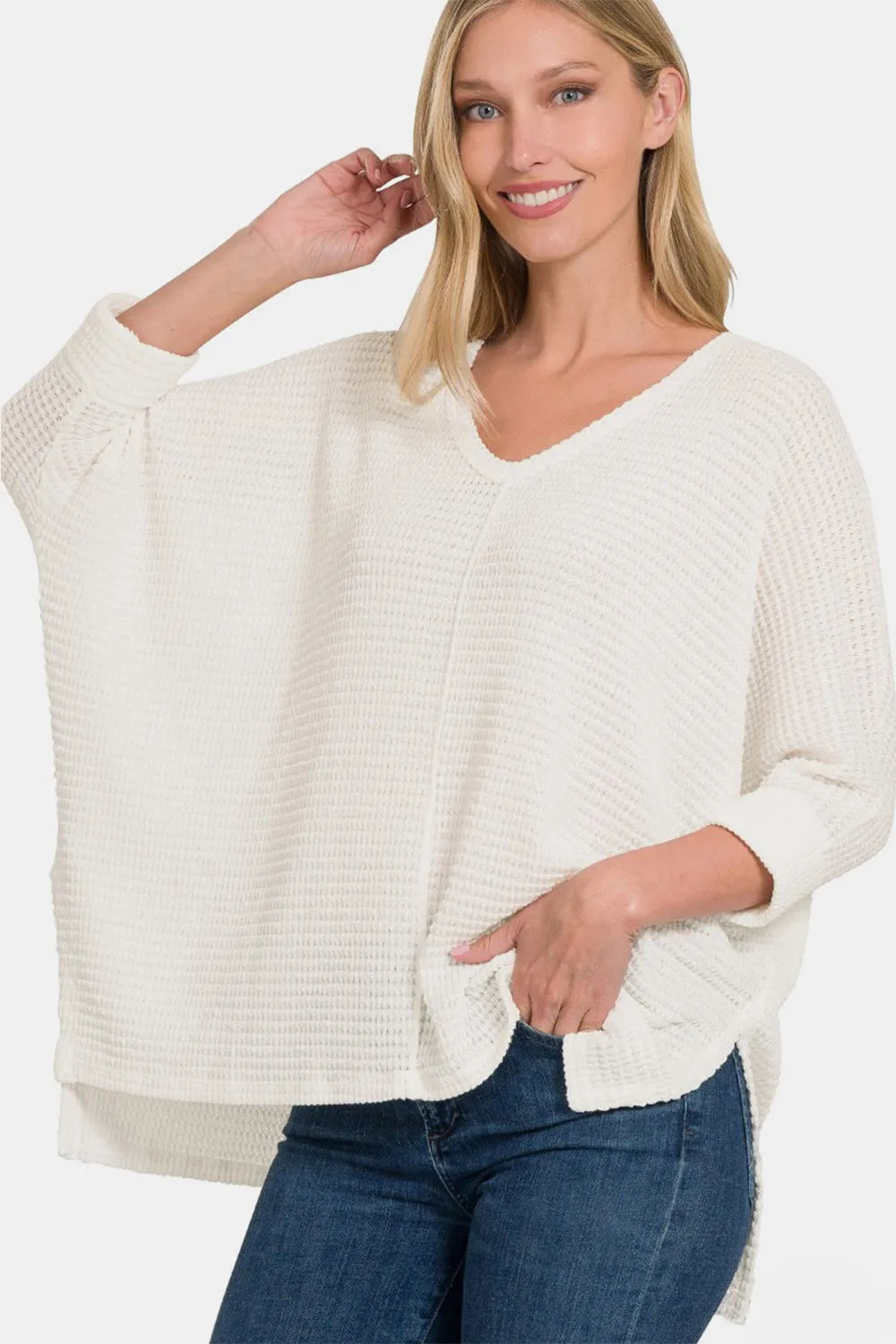 Zenana Full Size Round Neck High-Low Slit Knit Top Off White