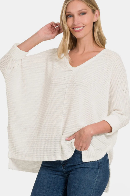 Zenana Full Size Round Neck High-Low Slit Knit Top Off White