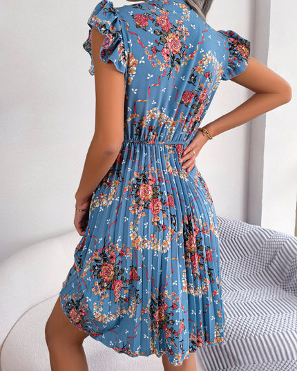 Pleated Floral Printed Tie Neck Knee Length Dress