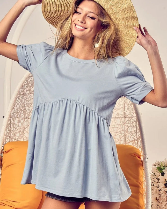 BiBi Cotton Span Knit with Puff Sleeve Baby Doll Top LT BLUE