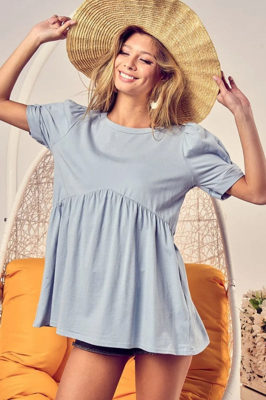 BiBi Cotton Span Knit with Puff Sleeve Baby Doll Top LT BLUE
