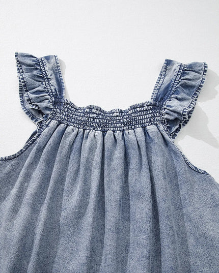 Ruffled Shirred Denim Top