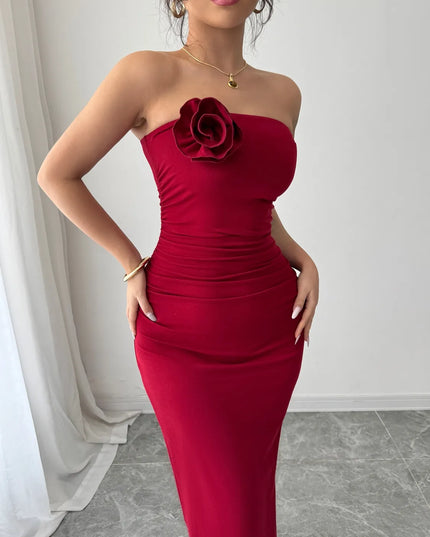 Slit Back Flower Tube Midi Dress 