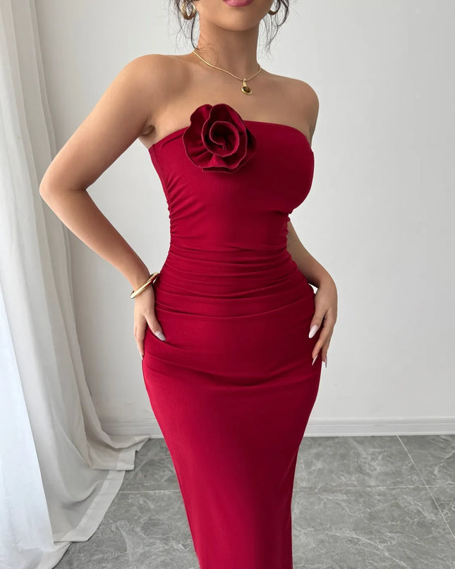 Slit Back Flower Tube Midi Dress 