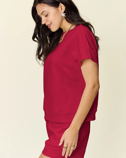 Double Take Full Size Texture Short Sleeve T-Shirt and Drawstring Shorts Set 