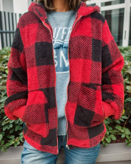Double Take Full Size Plaid Long Sleeve Hooded Coat