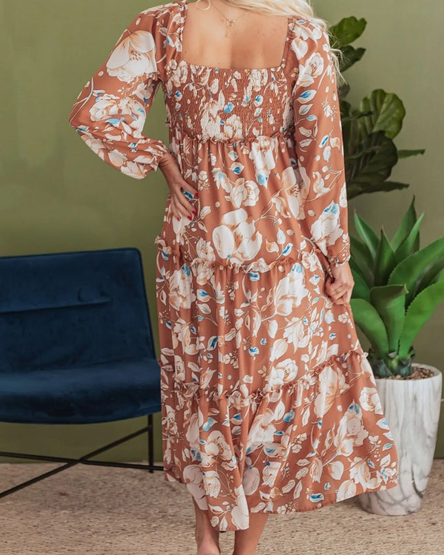 Smocked Printed Long Sleeve Tiered Dress