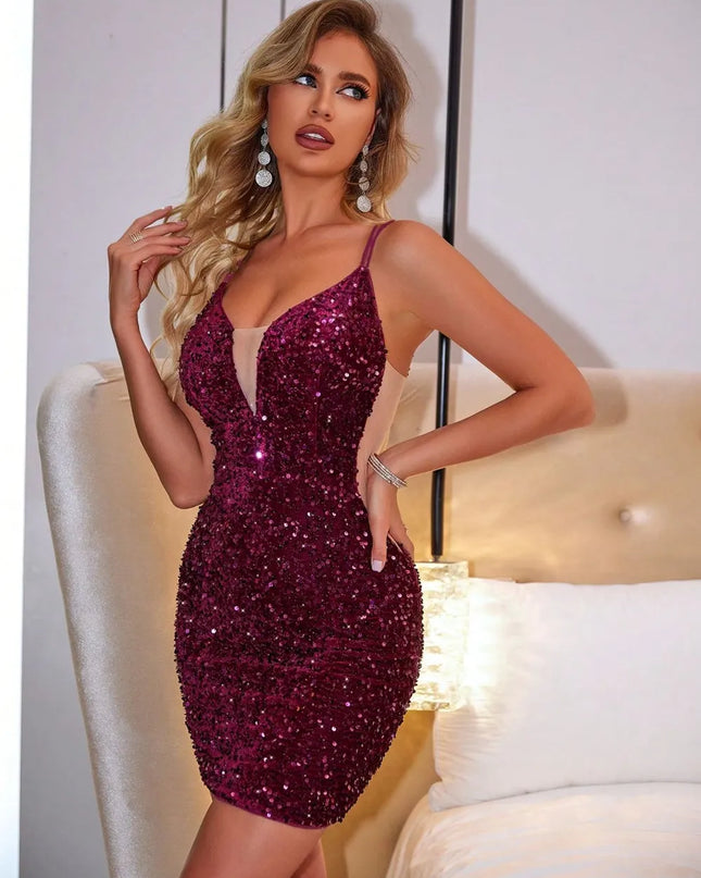 Lace-Up Sequin Plunge Sleeveless Dress 