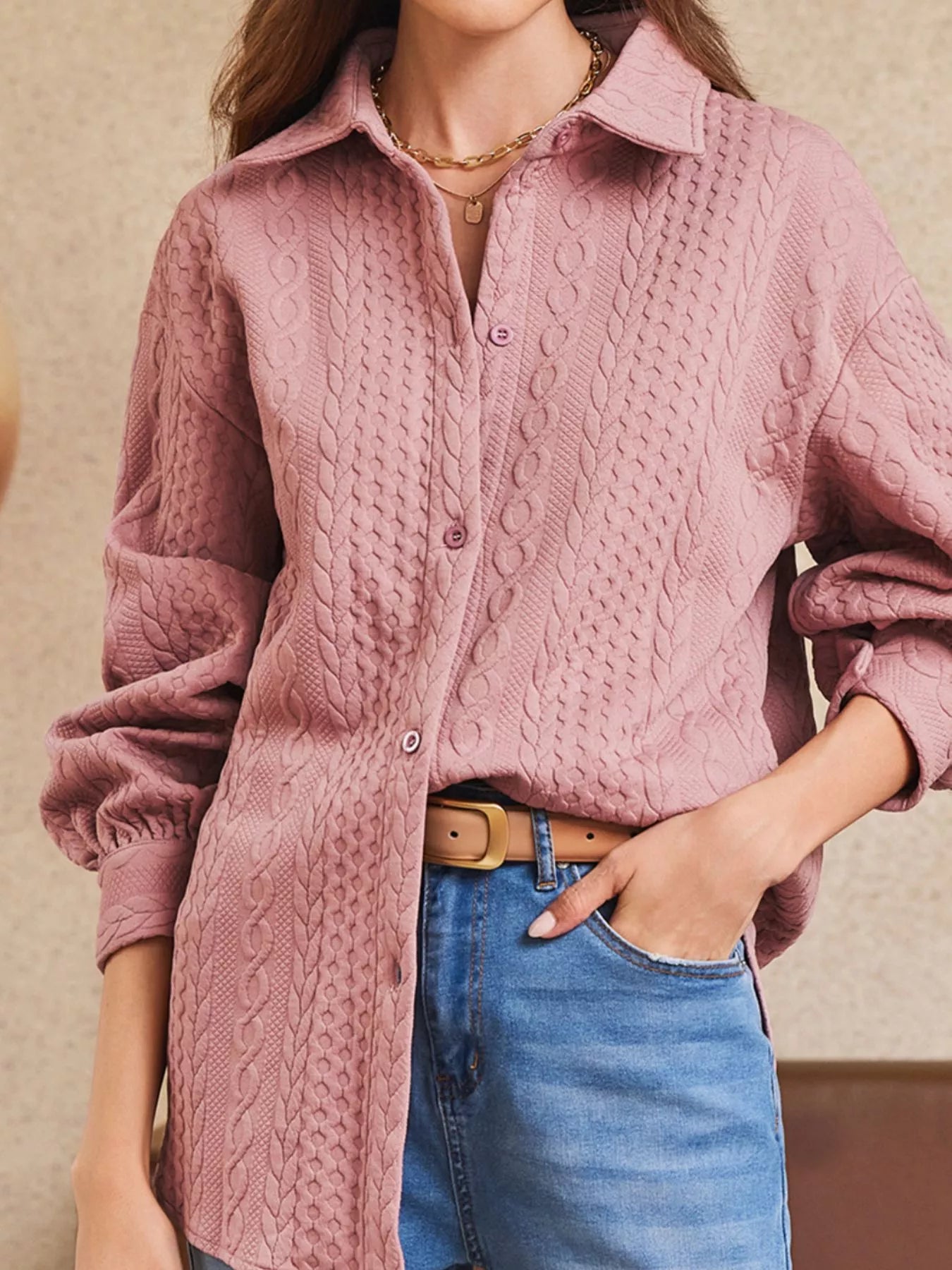 Cable Texture Puff Sleeve Loose Shacket