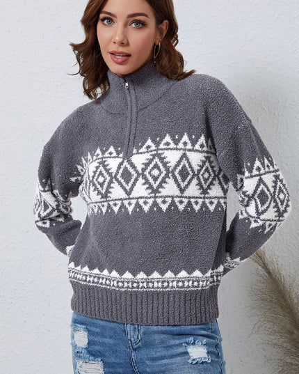 Zip-Up Geometrical Pattern Pullover Sweater