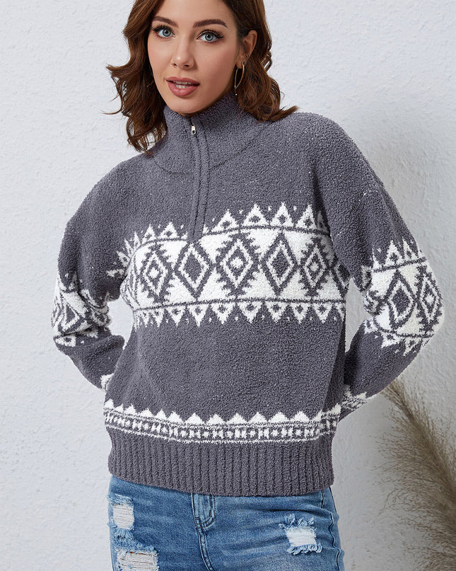 Zip-Up Geometrical Pattern Pullover Sweater