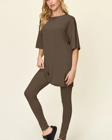 Double Take Full Size Round Neck Dropped Shoulder T-Shirt and Leggings Set Mocha