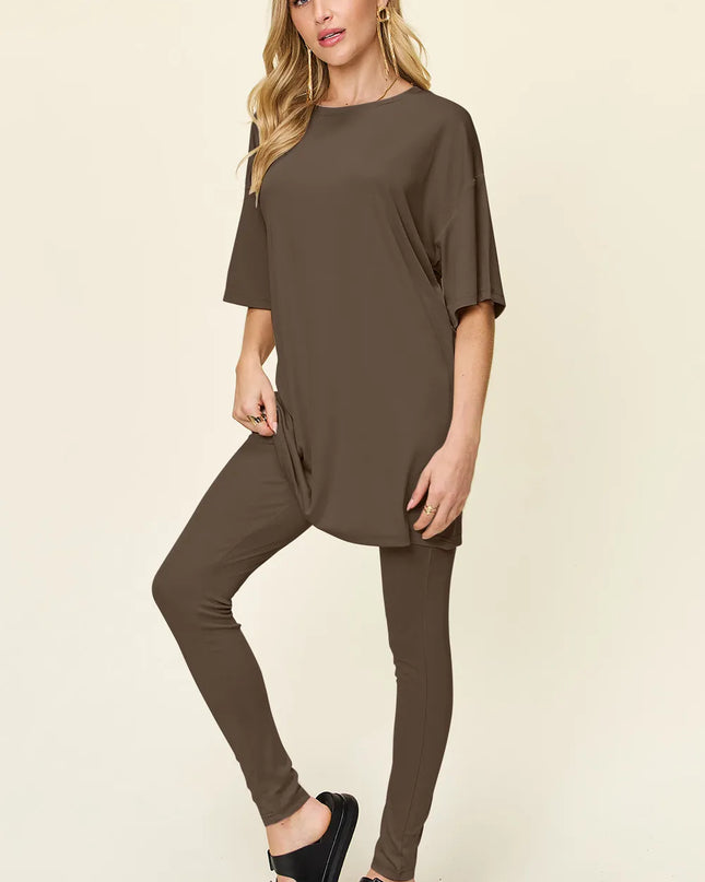 Double Take Full Size Round Neck Dropped Shoulder T-Shirt and Leggings Set Mocha