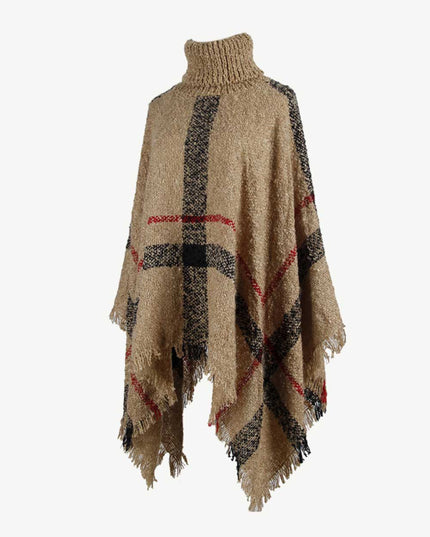 Plaid Turtleneck Raw Hem Poncho