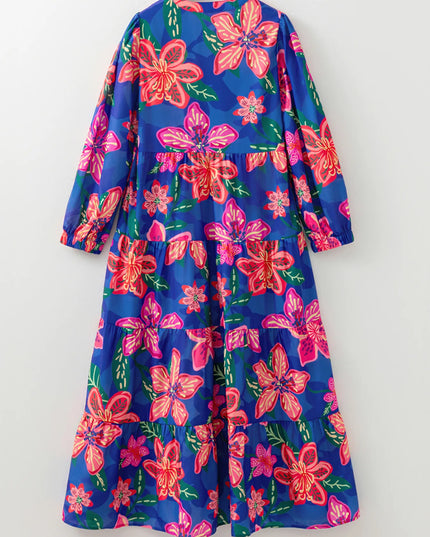 Floral Print 3/4 Sleeve V Neck Tiered Dress