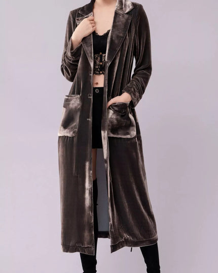 Velvet Lapel Collar Longline Coat Sage