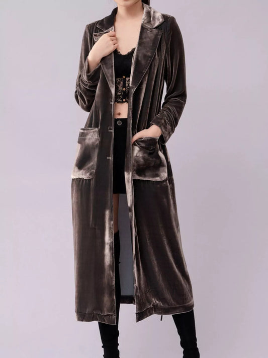 Velvet Lapel Collar Longline Coat Sage