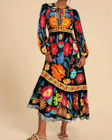 Floral Tie Waist Long Sleeve Dress