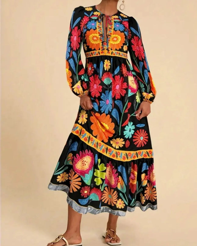 Floral Tie Waist Long Sleeve Dress