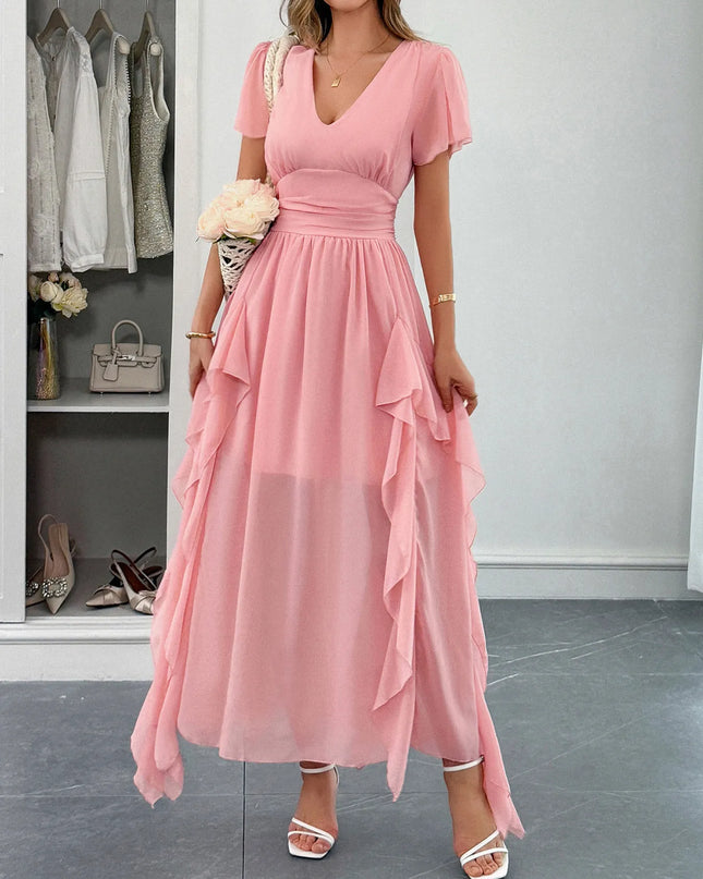 V-Neck Flutter Sleeve Dress Pink