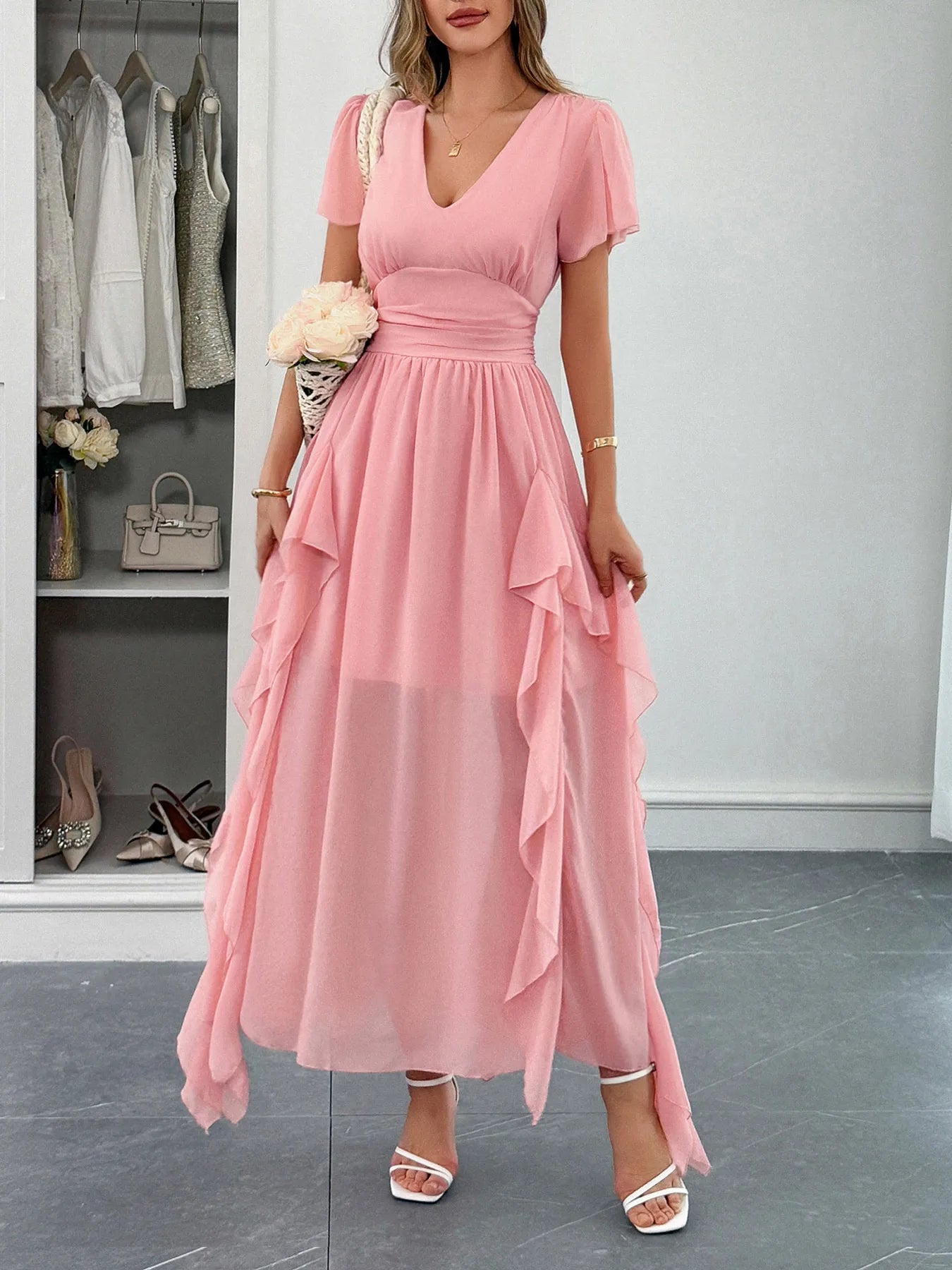 V-Neck Flutter Sleeve Dress Pink