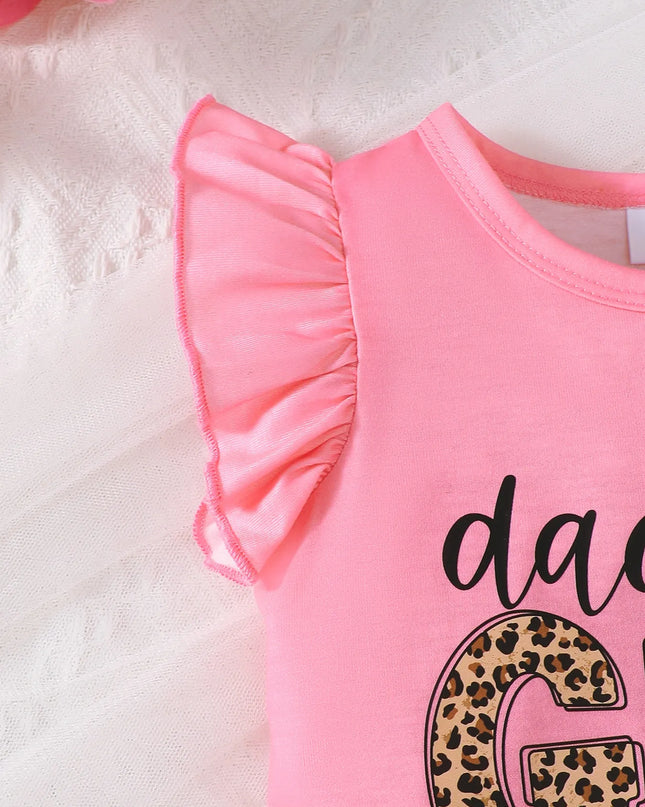 Children's Headband Letter Ruffle Sleeve Top and Shorts 3-Piece Set