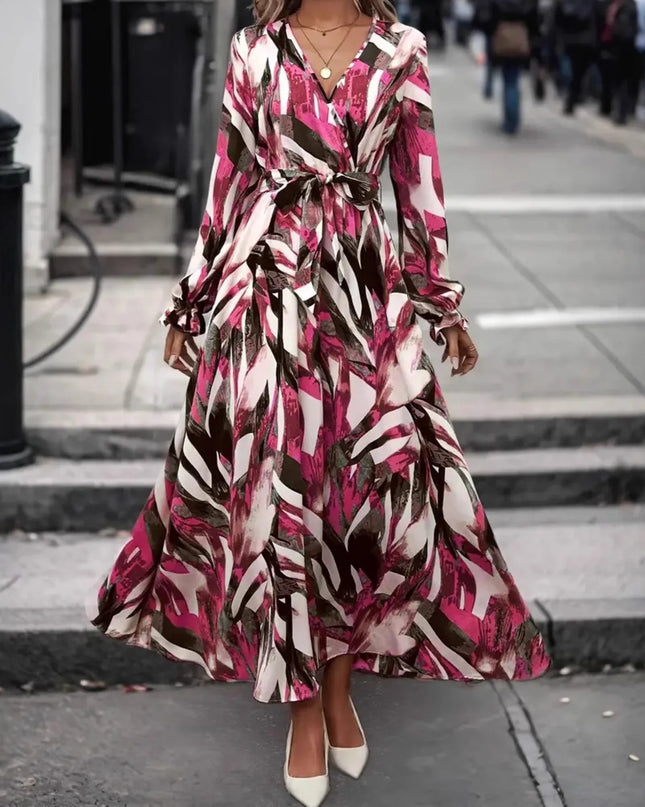 Printed Surplice Long Sleeve Maxi Dress