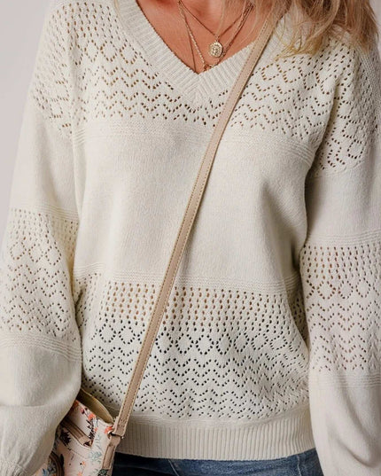 Eyelet Deatil V-Neck Long Sleeve Sweater