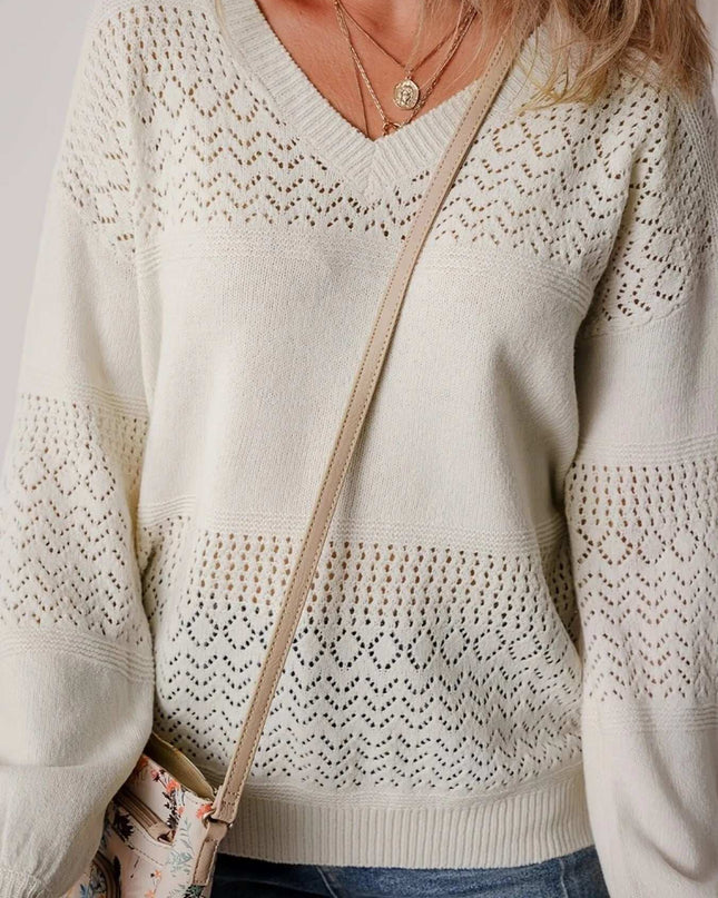 Eyelet Deatil V-Neck Long Sleeve Sweater