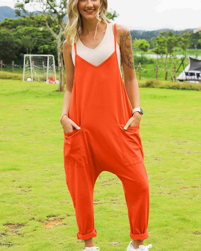 Double Take Full Size Sleeveless V-Neck Pocketed Jumpsuit Orange