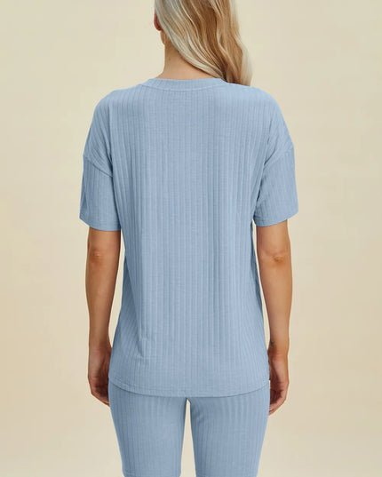 Basic Bae Full Size Ribbed V-Neck Short Sleeve Top and Shorts Set