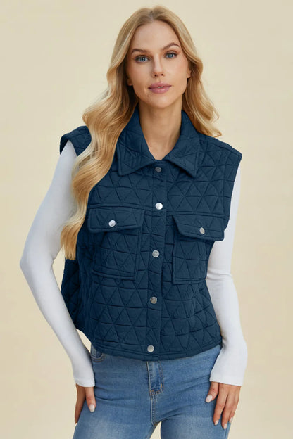 Double Take Full Size Pocketed Texture Snap Down Vest Coat Peacock Blue