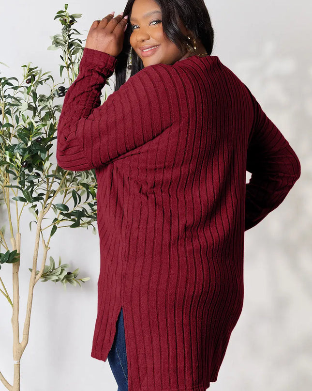 Basic Bae Full Size Ribbed Round Neck Long Sleeve Slit Top Burgundy
